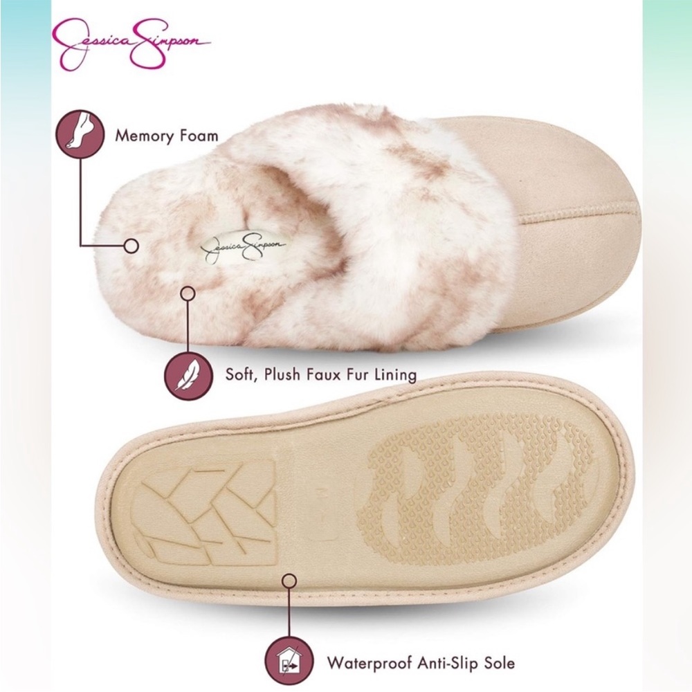 Jessica Simpson Slippers Fuzzy Plush Memory foam Beige Suede Size 6/7 NWT - Picture 4 of 4